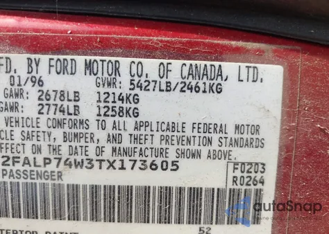 1996 Ford Crown Victoria Lx from USA, damaged, VIN 2FALP74W3TX173605